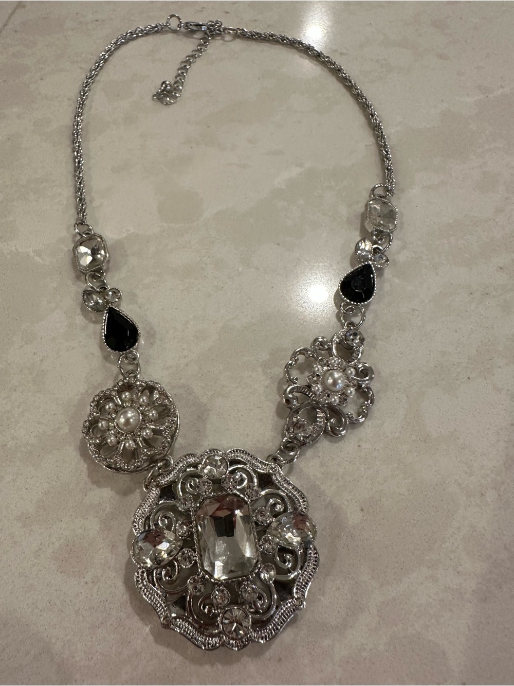 Silver-Tone Statement Necklace with Clear Crystals and Black Accents